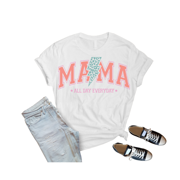 LIGHTENING BOLT MAMA T-SHIRT (CORAL LETTERS)